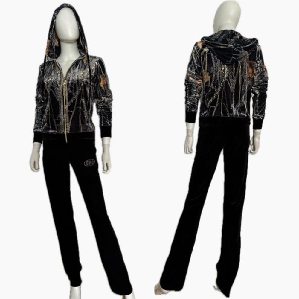 NWT WOMEN VELOUR TRACKSUIT 2 PC SET JACKET/BLACK‎ PANTS HOODED ZIPPED LOUNGEWEAR
